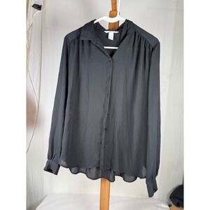 HM Women Black Sheer Button Down Blouse Long Sleeve Collared Shirt Medium